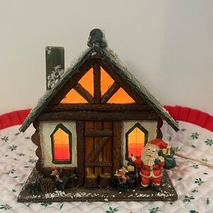 Wooden Holiday Santa Lighted House Table Decoration Snowy Cabin North Pole  FS
